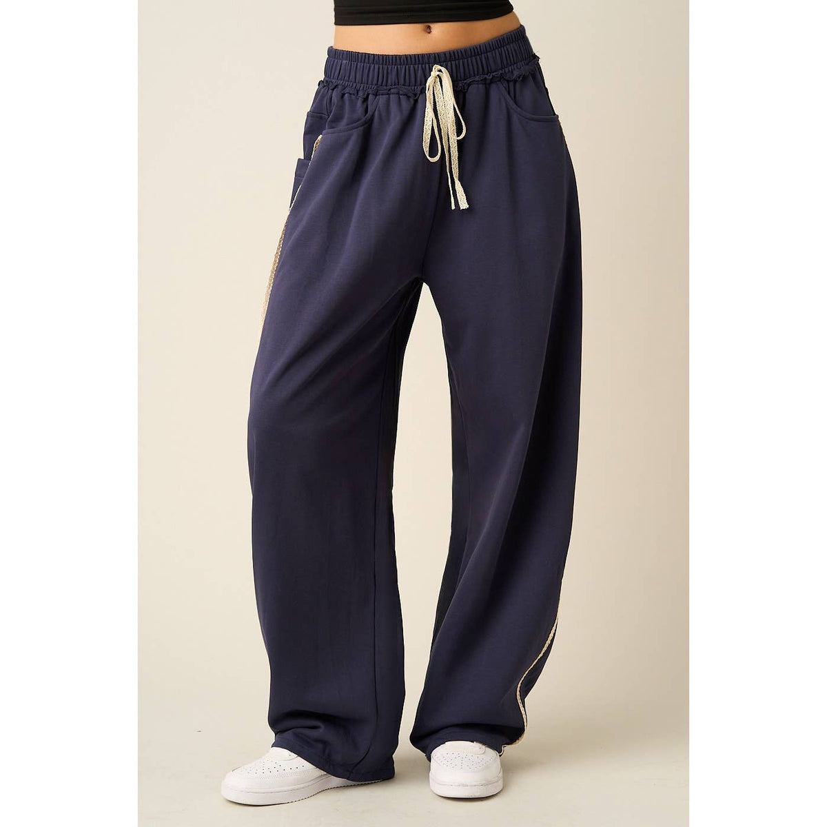 LACE TRIM BARREL LEG DRAWSTRING PANTS