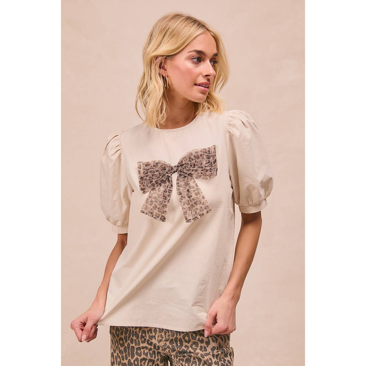 SOLID WOVEN LEOPARD MESH BOW PATCHED PUFF SLEEVES TOP-BACK K
