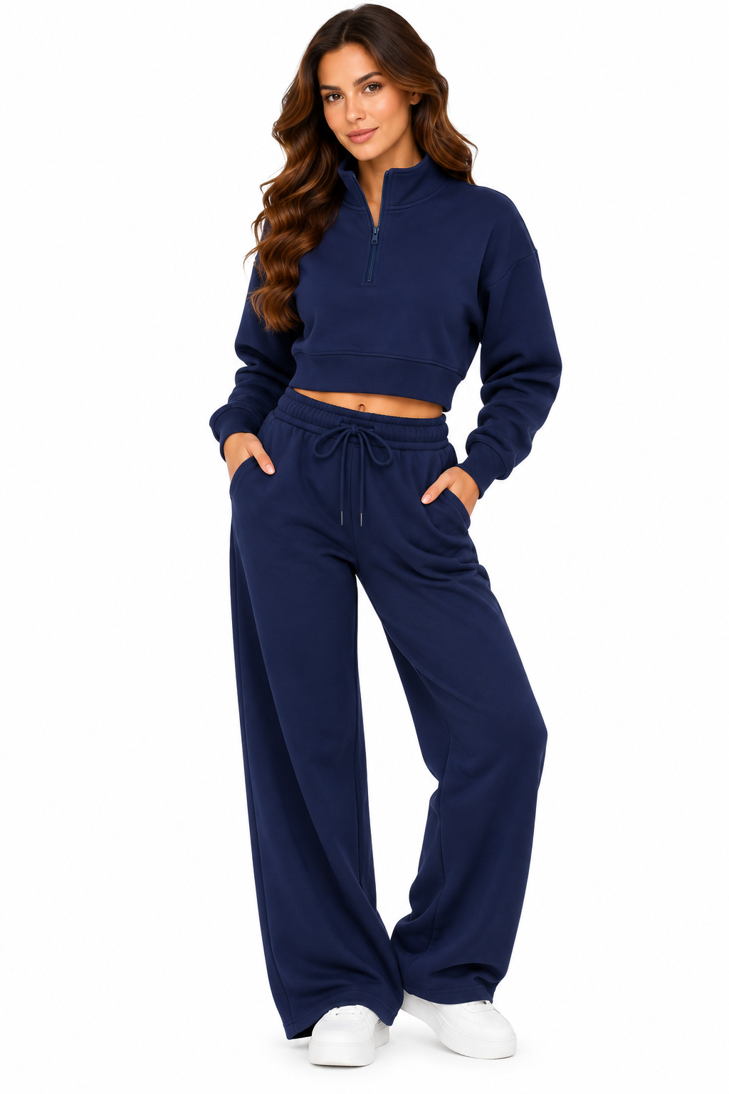 Fleece lined crop 1/4 zipper sweatshirt with pants sweat set
