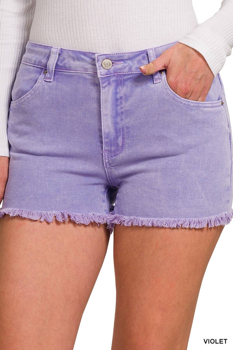 Washed Fray Hem Cotton Denim Shorts - Zenana