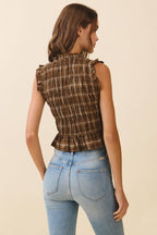 CT9661-Plaid Ruched Smocked Bodice Sleeveless Top
