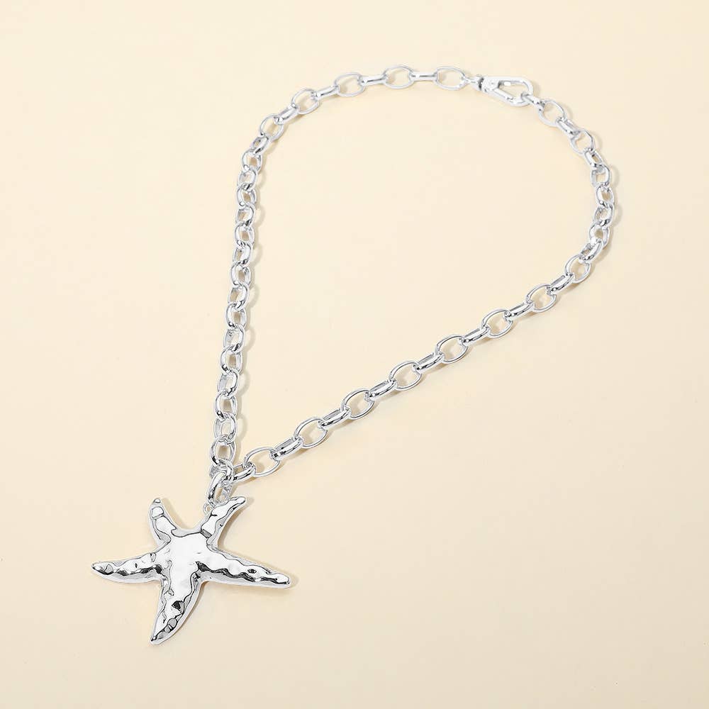 Hammered Metal Starfish Pendant Chunky Chain Necklace