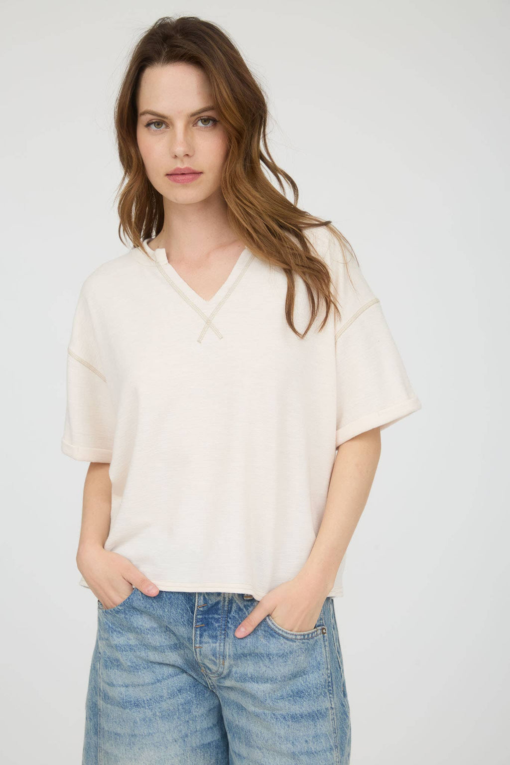 CONTRAST STITCH DROP SHOULDER CUFF SLEEVE KNIT TOP