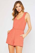 RIB RUFFLE DETAIL STRAP ROMPER