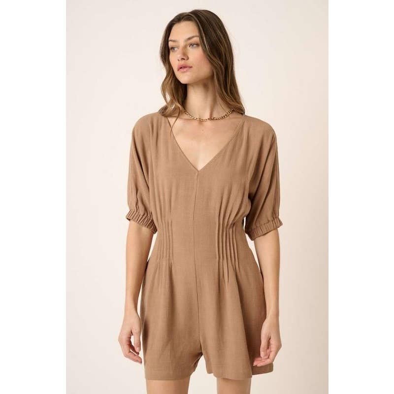PINTUCK DETAIL V NECK SHORT SLEEVE ROMPER