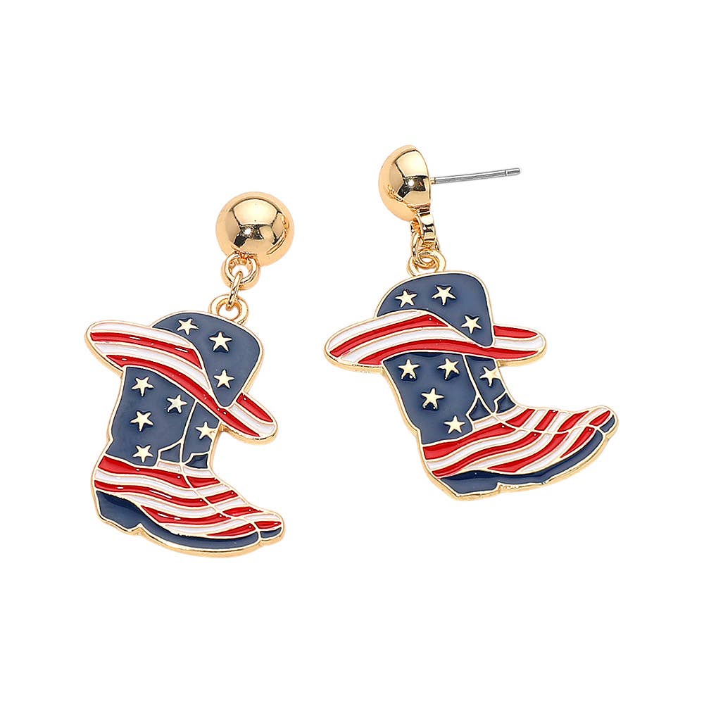 Patriotic American USA Flag Cowboy Boot Charm Drop Dangle Earrings