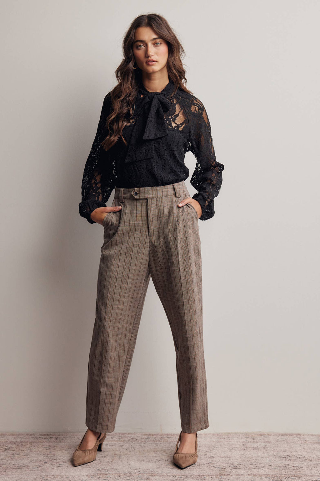Sheer Lace Tie Neck Blouse FT0059