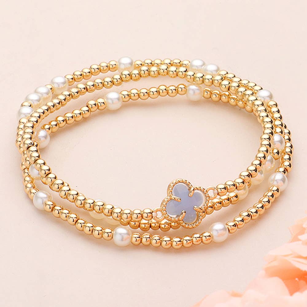 3PCS - Quatrefoil Pearl Metal Ball Beaded Stretch Bracelets