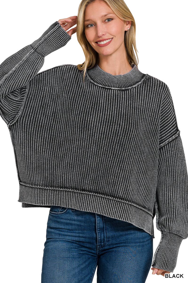`Washed Side Slit Oversized Cropped Sweater SI-26510 Zenana