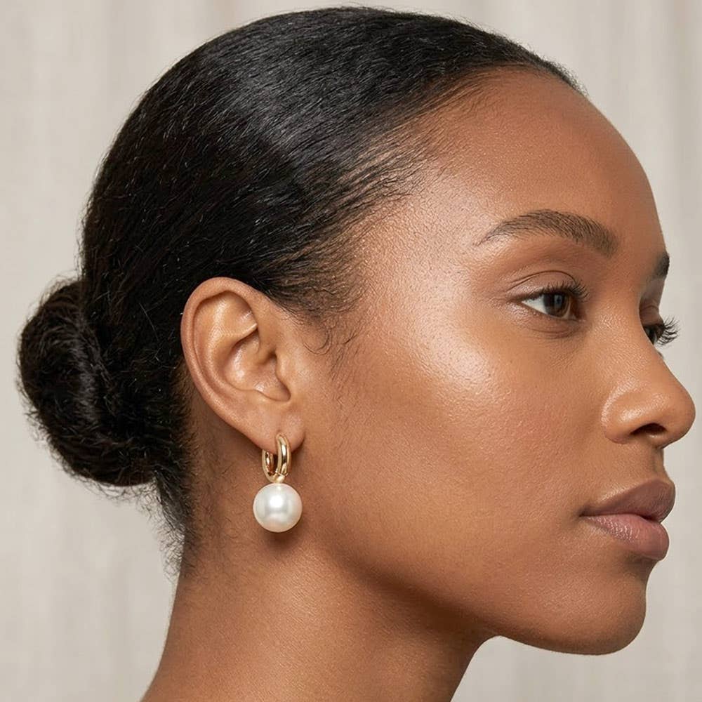 Pearl Drop Chunky Huggie Hoop Earrings