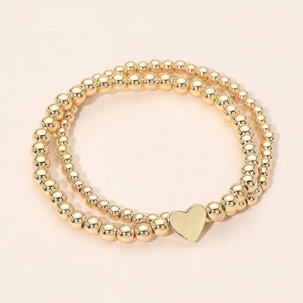 2PCS - Gold Dipped Heart Charm Ball Beaded Stretch Multi Layered Bracelets