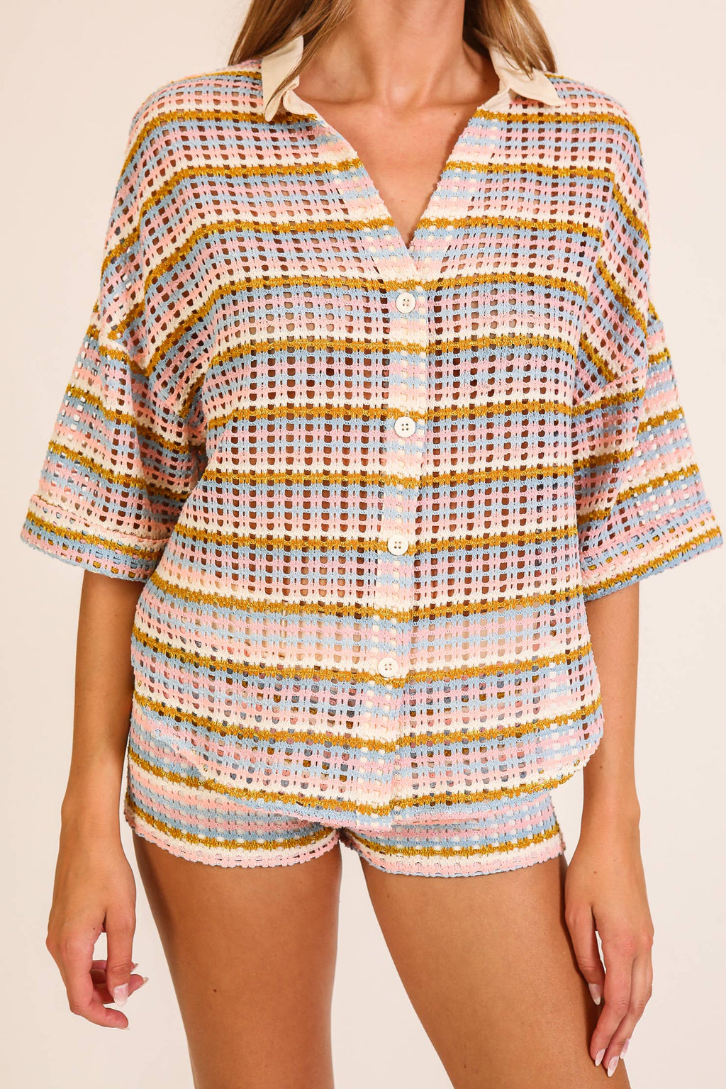 Striped Open-Knit Button-Up Short Set