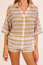 Striped Open-Knit Button-Up Short Set