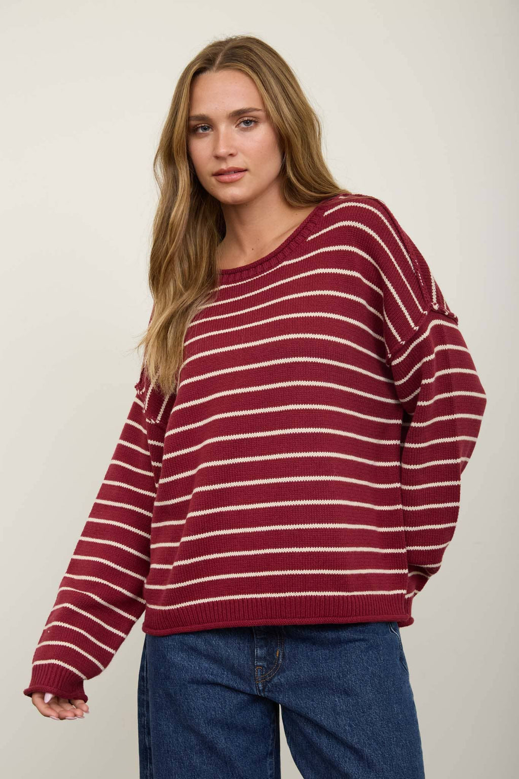 CREAM STRIPED DROP SHOULDER CREW NECK SWEATER
