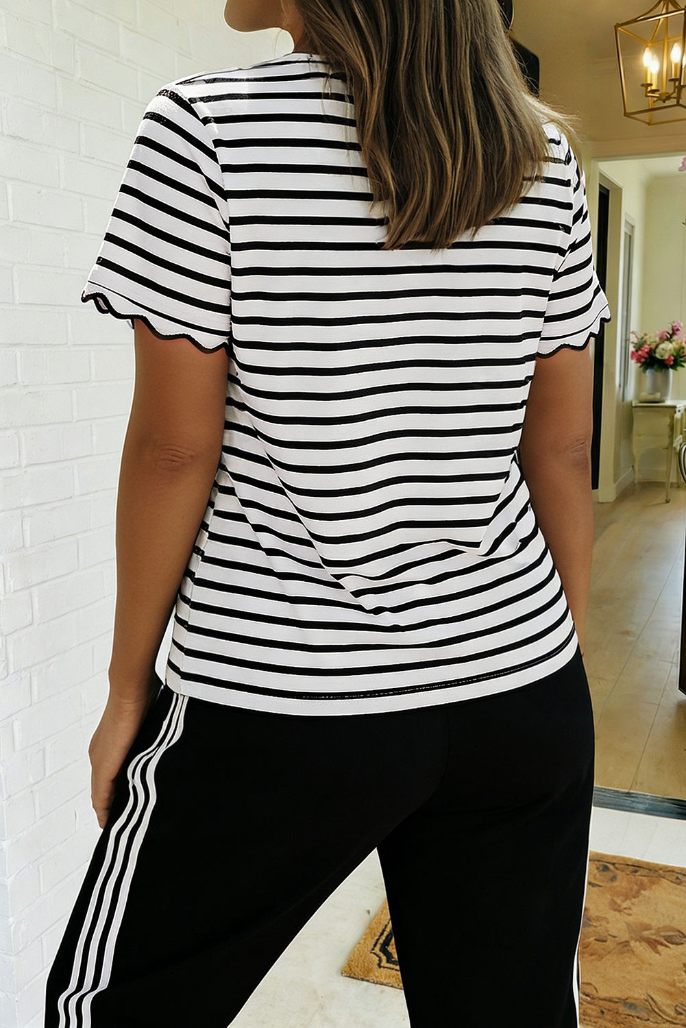 Stripe Scalloped Trim Round Neck Shirt