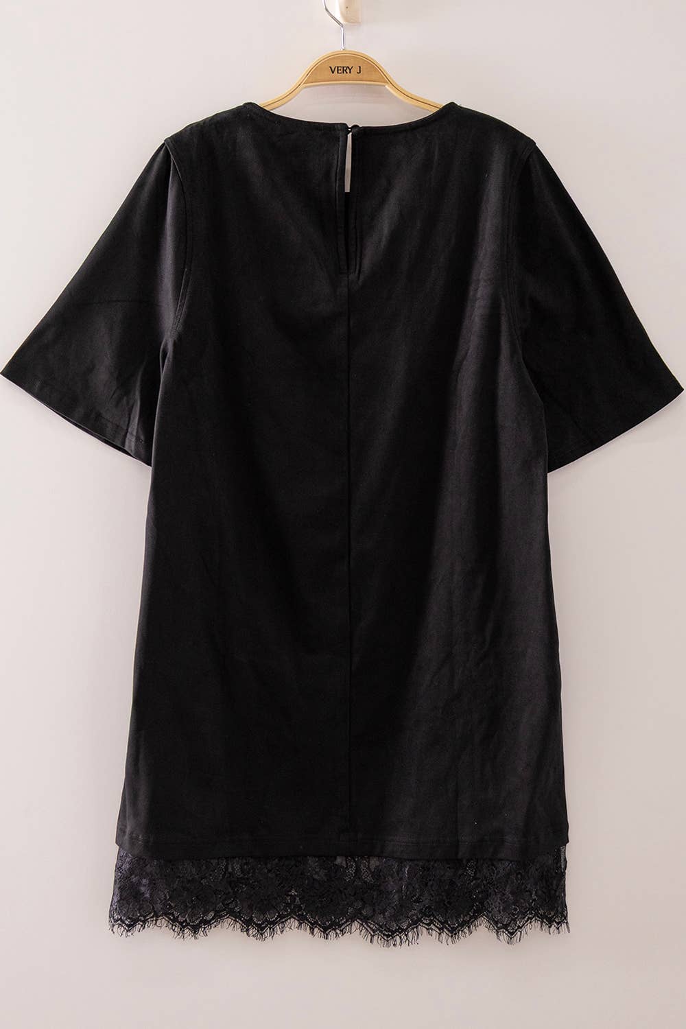 ND32269-Faux Suede Lace Hem Mini Dress