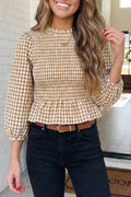LAS-LIVE Plaid Smocked Bubble Sleeve Casual Blouse (S-XL)