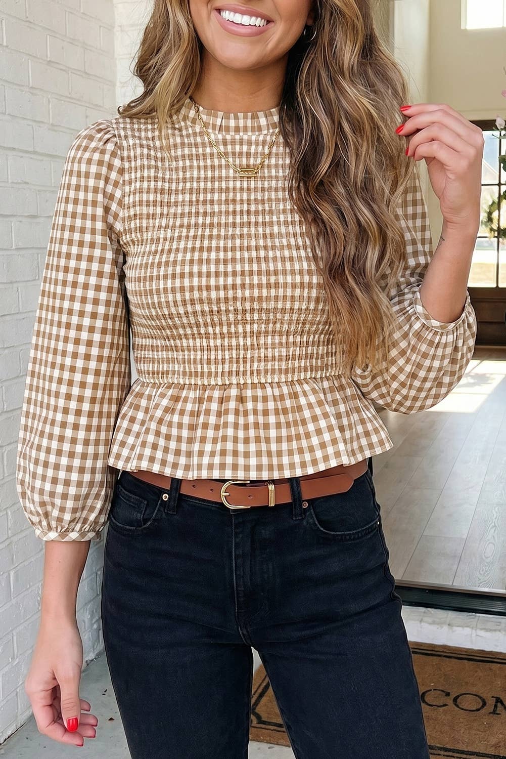 LAS-LIVE Plaid Smocked Bubble Sleeve Casual Blouse (S-XL)
