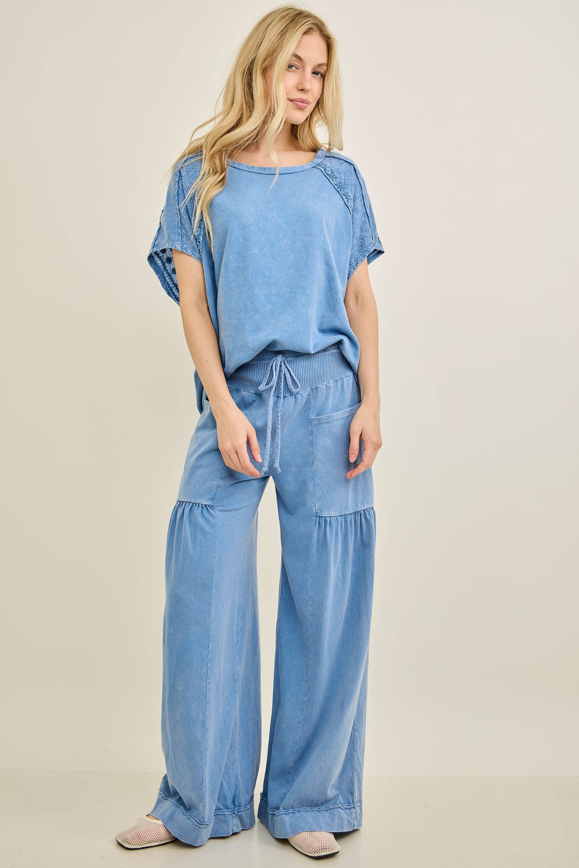 Mineral Washed Boho waist band wideleg cropped pants HP5900