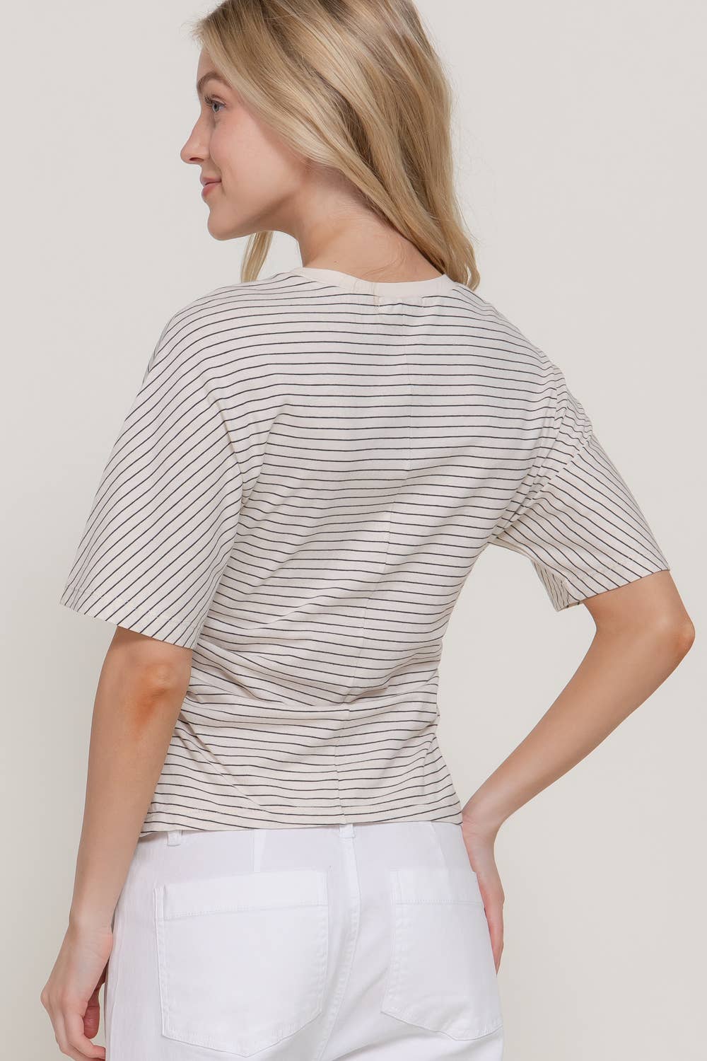 Short Dolman Sleeve Defined Silhouette Stripe Knit Top