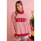 CHRISTMAS STRIPE AND MERRY PATCHWORK MOCK NECK TOP