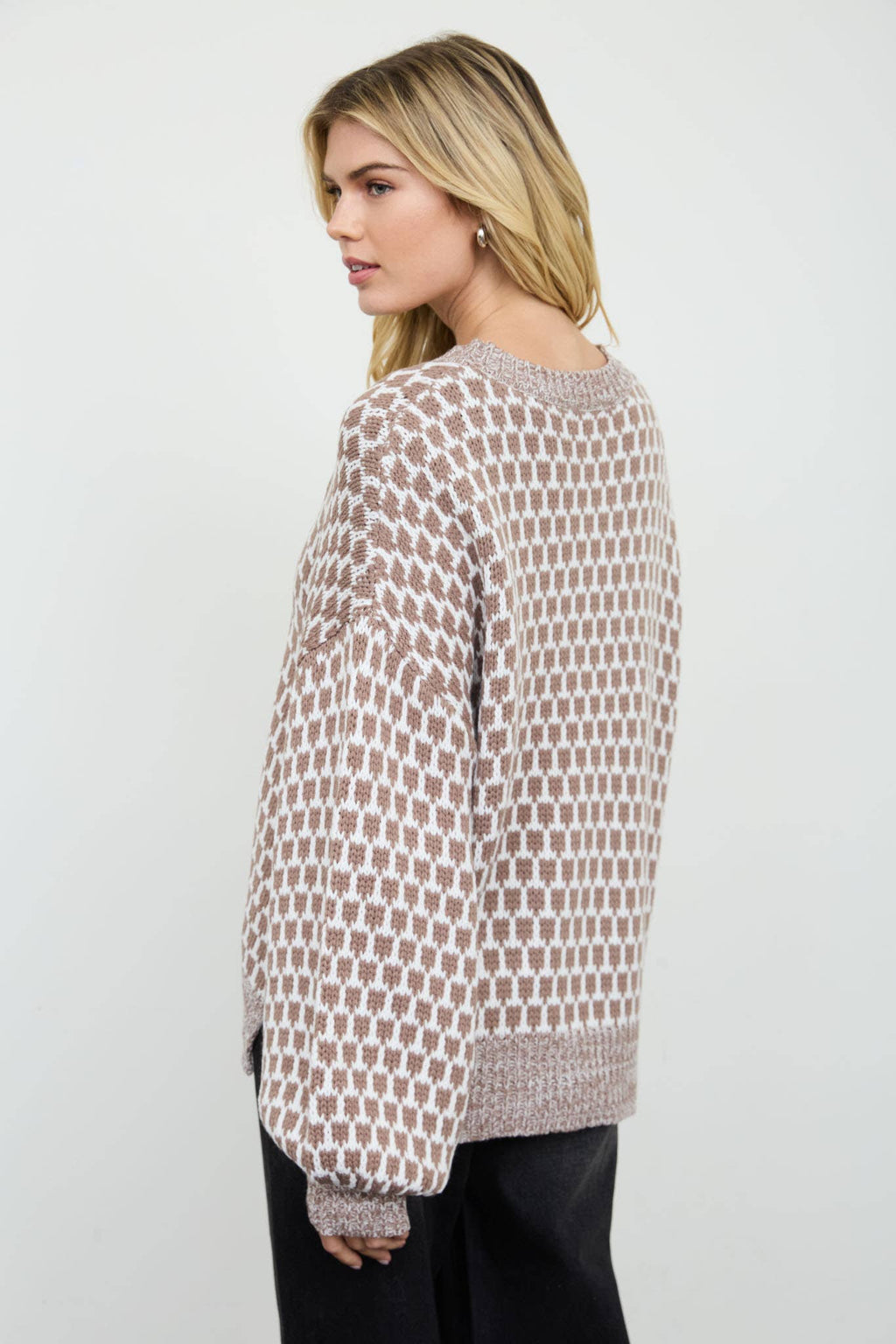 MARLED TRIM GEOMETRIC PATTERN RELAXED SWEATER