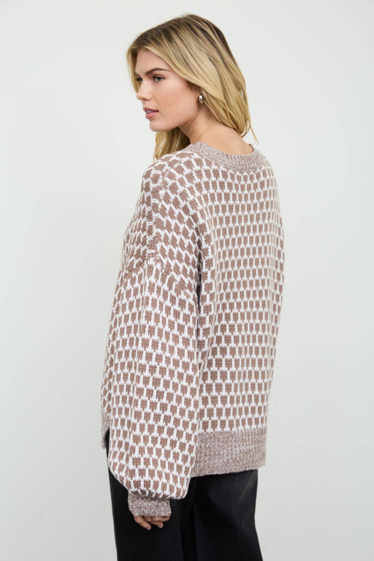 MARLED TRIM GEOMETRIC PATTERN RELAXED SWEATER