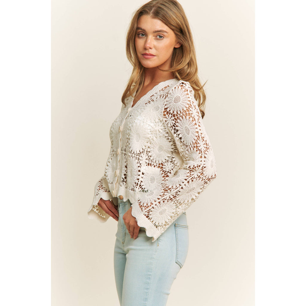 SCALLOP LACE FLORAL CROCHET BUTTON DOWN TOP
