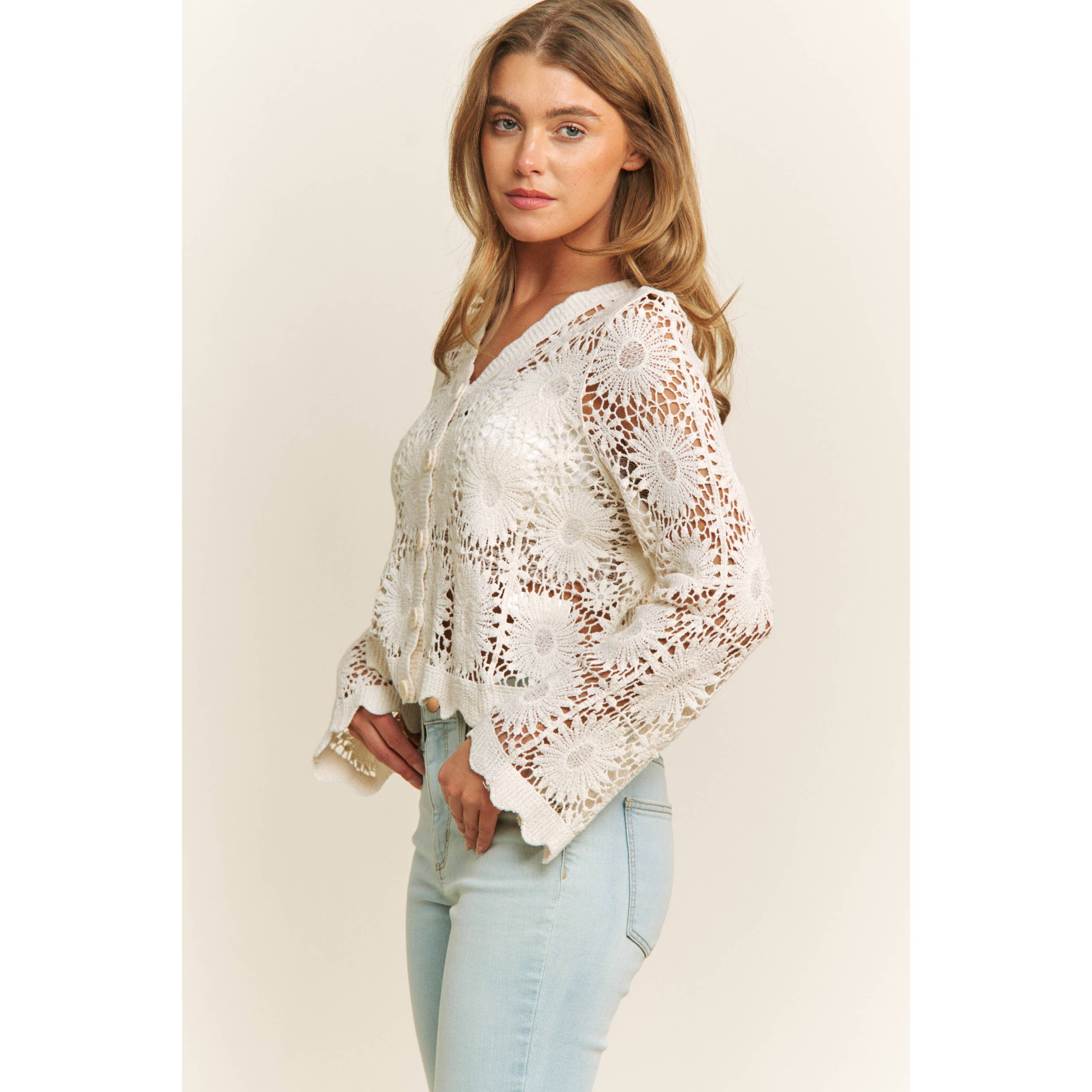 SCALLOP LACE FLORAL CROCHET BUTTON DOWN TOP