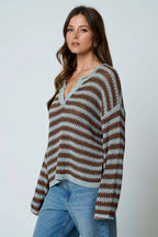 STRIPE RAW EDGE SPLIT NECK SHEER KNIT SWEATER