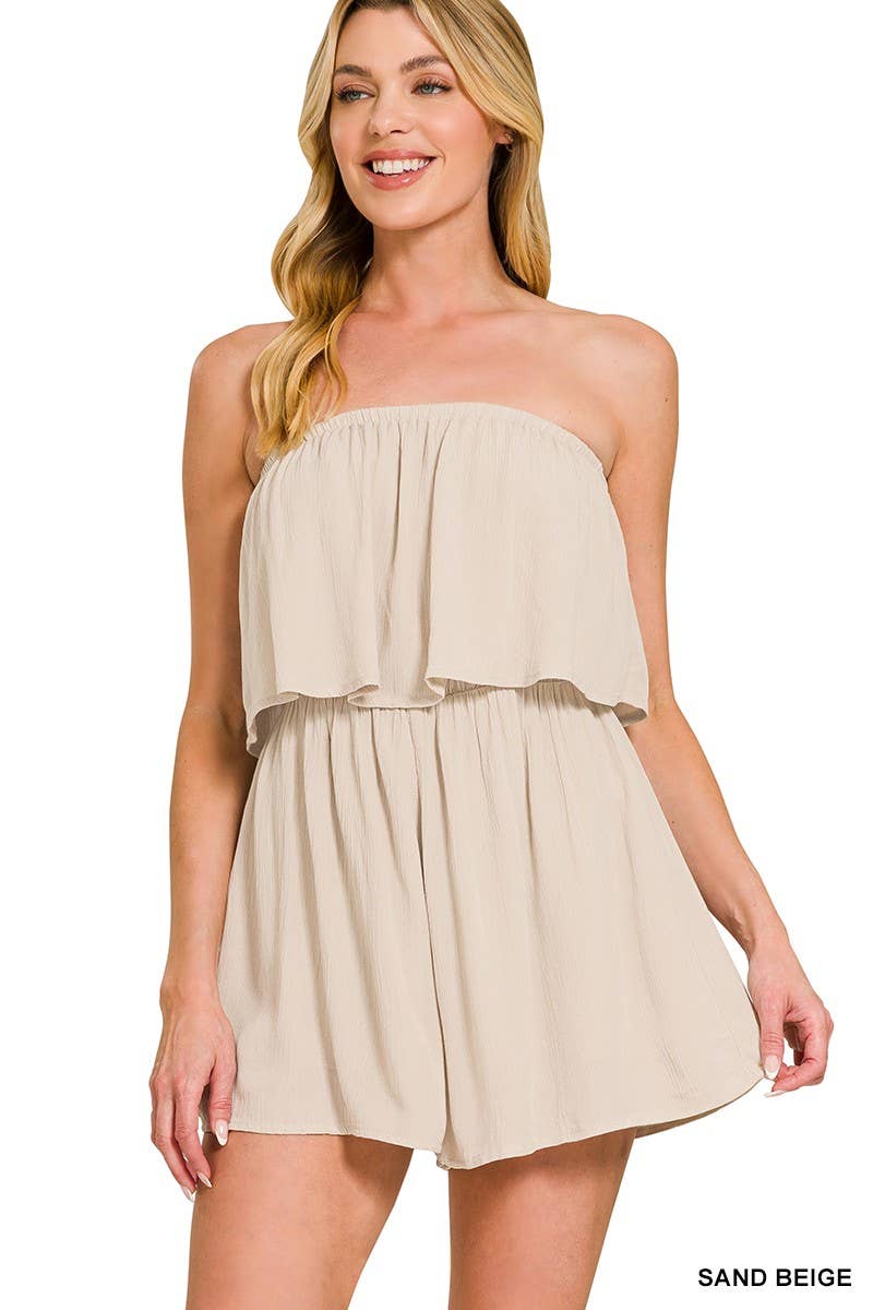 Woven Crinkle Strapless Rompers
