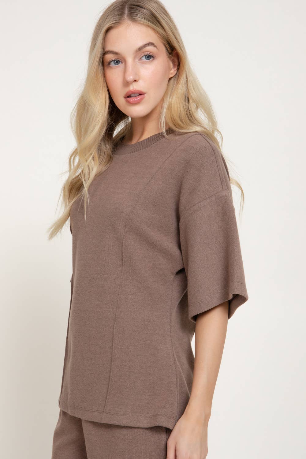 Elbow Sleeve Round Neck Brushed Knit Top with Flared Hem