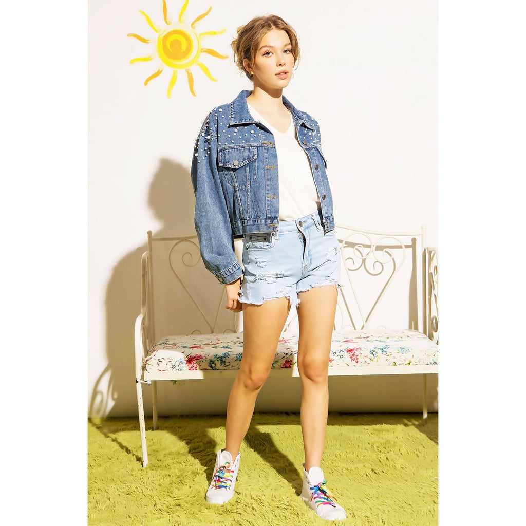 DENIM CROP JACKET WITH PEARL STUDS