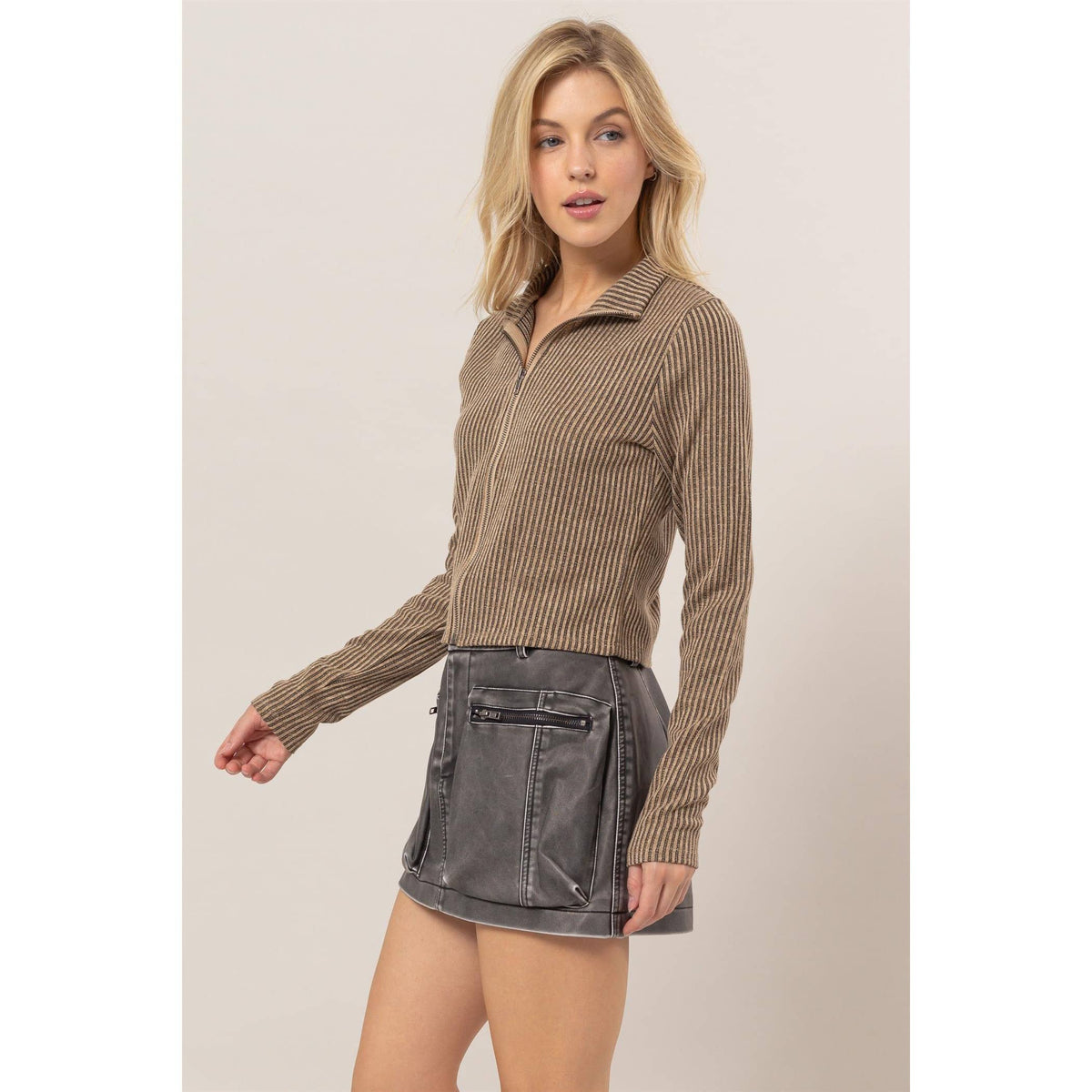 Striped Zip-Up Knit Top