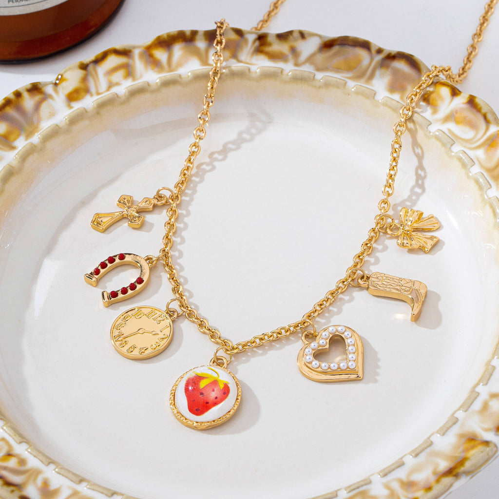 Strawberry Bow Coin Boot Western Charm Necklace | 80N93114