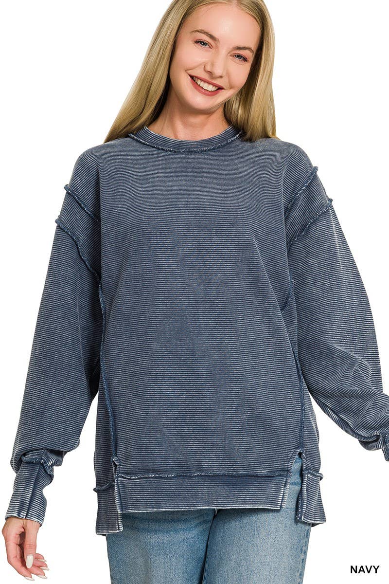 Acid Washed Double Ribbed Exposed-seam Pullover