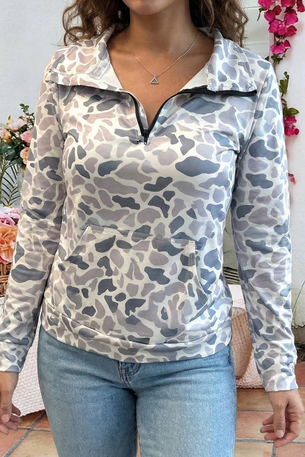 Camouflage Kangaroo Pocket Zip Collar Pullover Sweatshirt