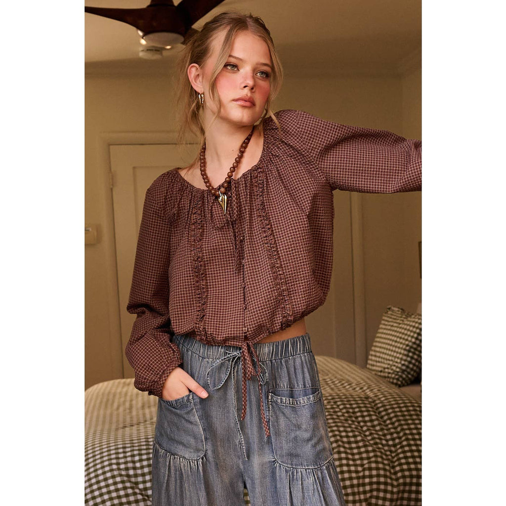 CHECKERED RUFFLE TRIM TIE FRONT LONG SLEEVE TOP