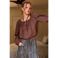 CHECKERED RUFFLE TRIM TIE FRONT LONG SLEEVE TOP