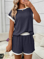 Waffle Knit Lounge Set Casual Shorts Outfit