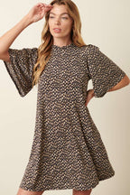 ANIMAL PRINT RUFFLE MOCK NECK MINI DRESS