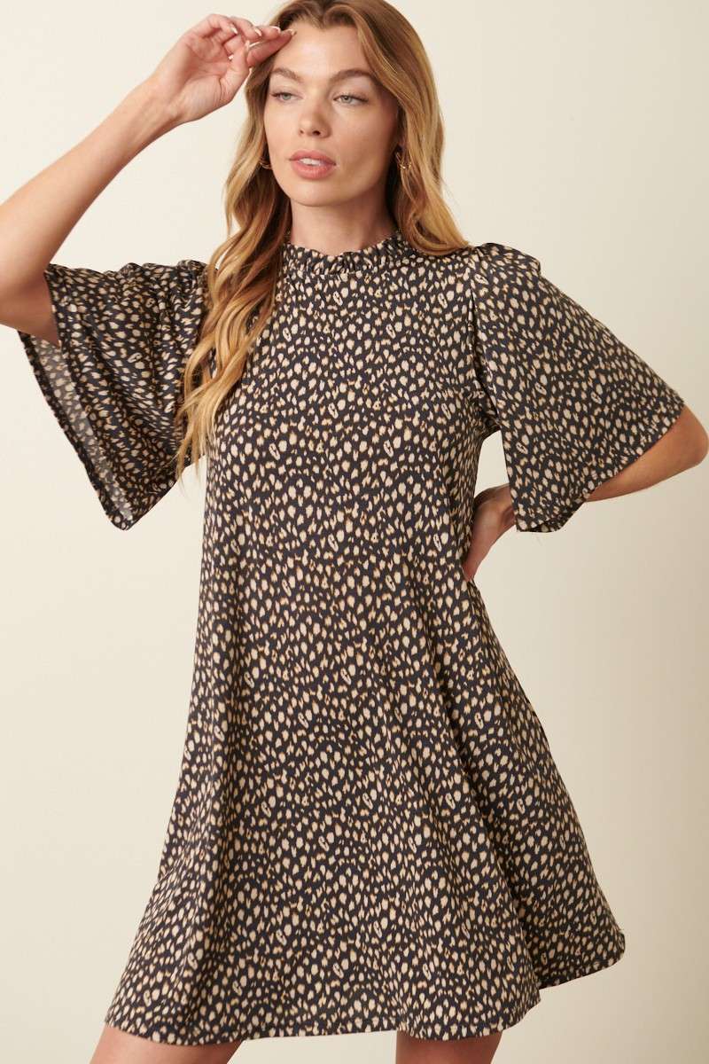 ANIMAL PRINT RUFFLE MOCK NECK MINI DRESS