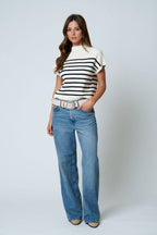 STRIPE MOCK NECK SHORT SLEEVE KNIT SWEATER