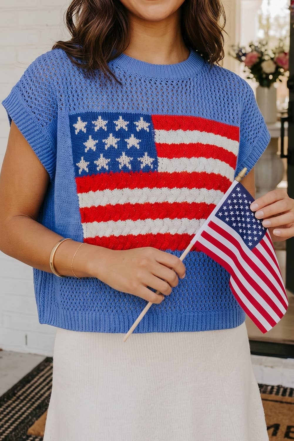 LAS Flag Graphic Short Sleeve Sweater Top (S-XL)