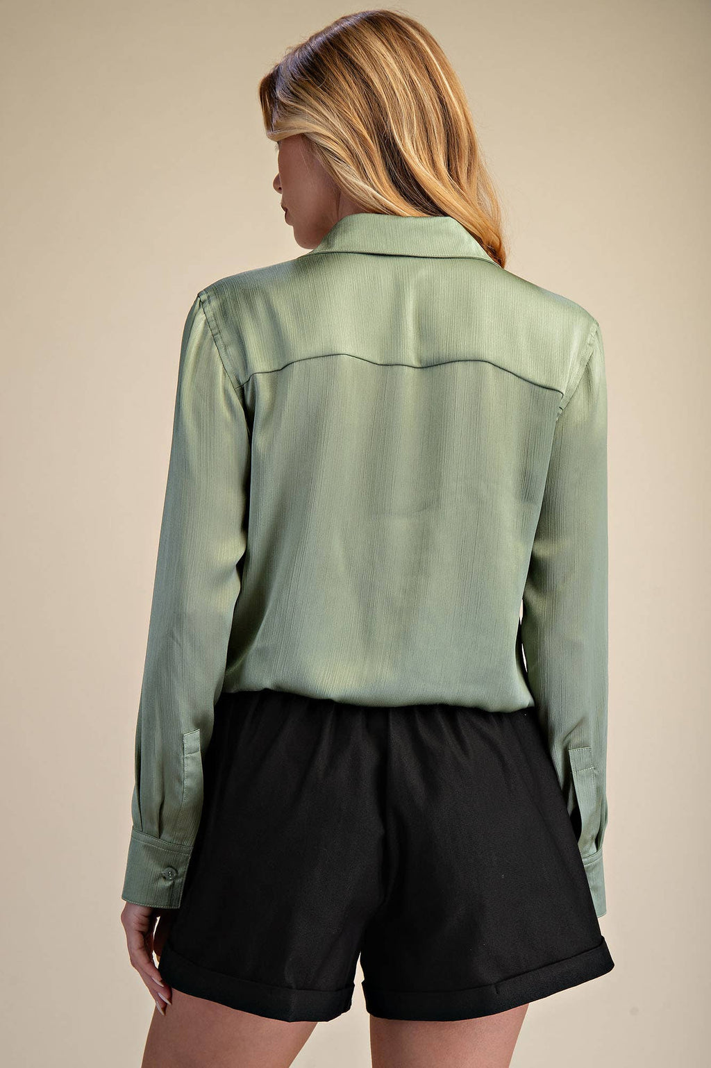 Collar Neck Long Sleeve Adjustable Drawstring Hem Shirt