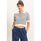 Striped Short Sleeve Collar Knit Top
