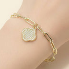 Stainless Steel Rhinestone Pave Quatrefoil Charm Paperclip Chain Link Bracelet