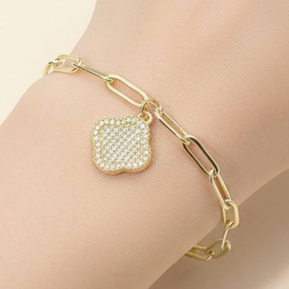 Stainless Steel Rhinestone Pave Quatrefoil Charm Paperclip Chain Link Bracelet