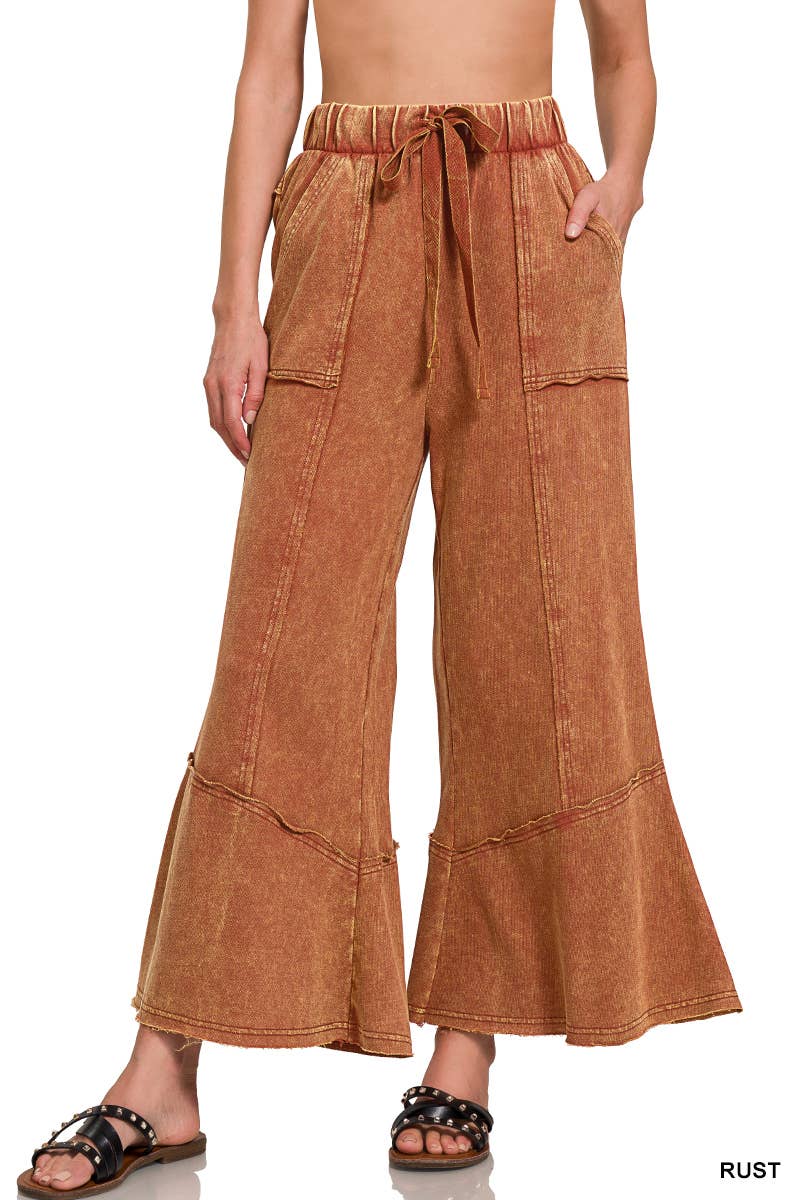 `Acid Washed Flare Hem Pants With Pockets Zenana