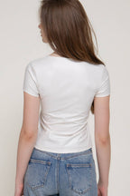 Short Sleeve Round Neck Stretch Faux Leather Top